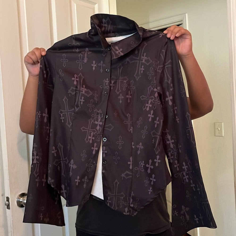 Grunge Punk Cross Graphic Button Front Shirt